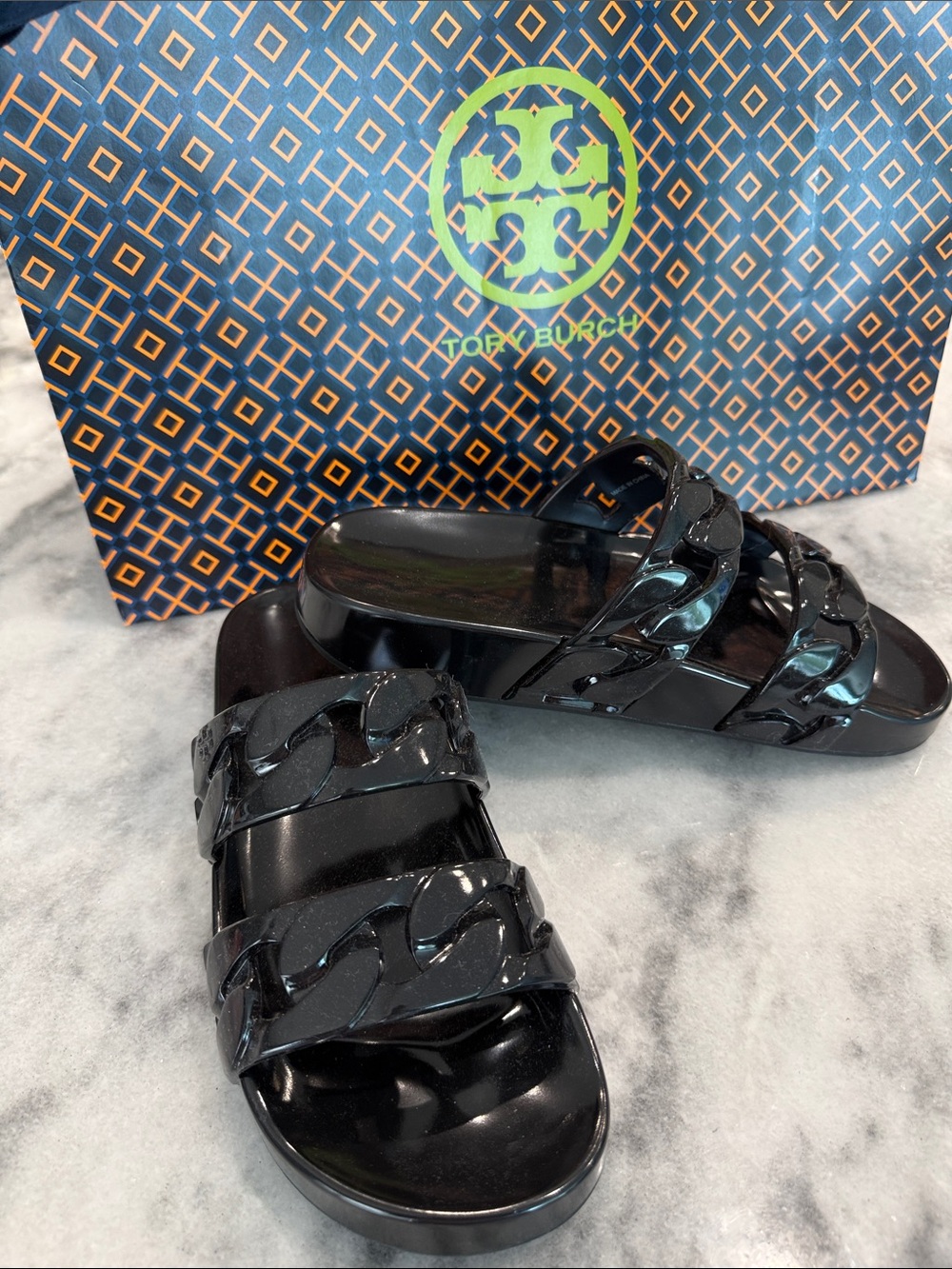 Tory Burch Black Chain-Link Slide Sandals